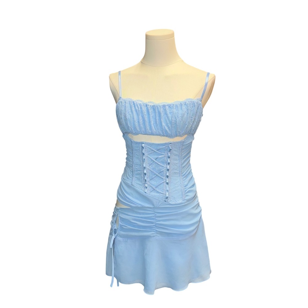 Outcast Clothing Corset Bustier Mini Dress Women S Blue Good Lace Up Cutout